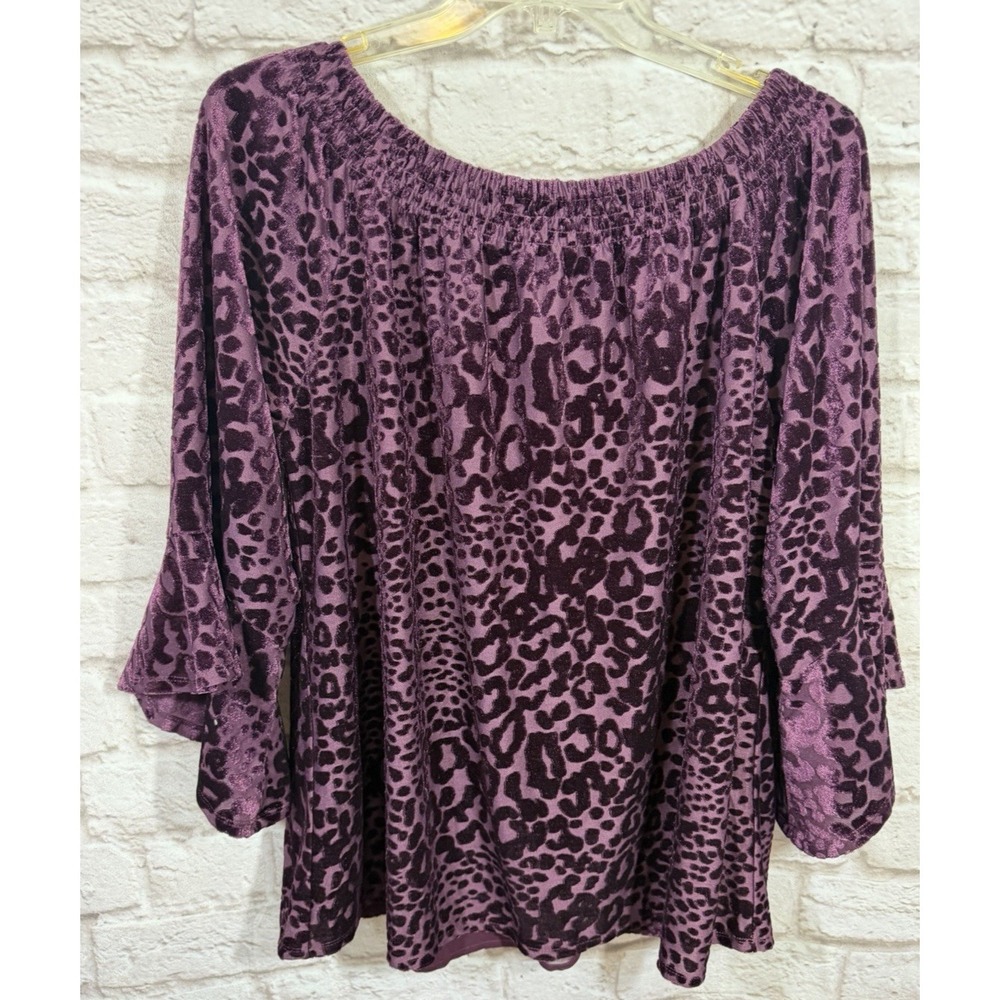 Belle by Kim Gravel XL Burgundy Velvet Top On Off Shoulder Peasant Smocked Flare - Picture 2 of 9